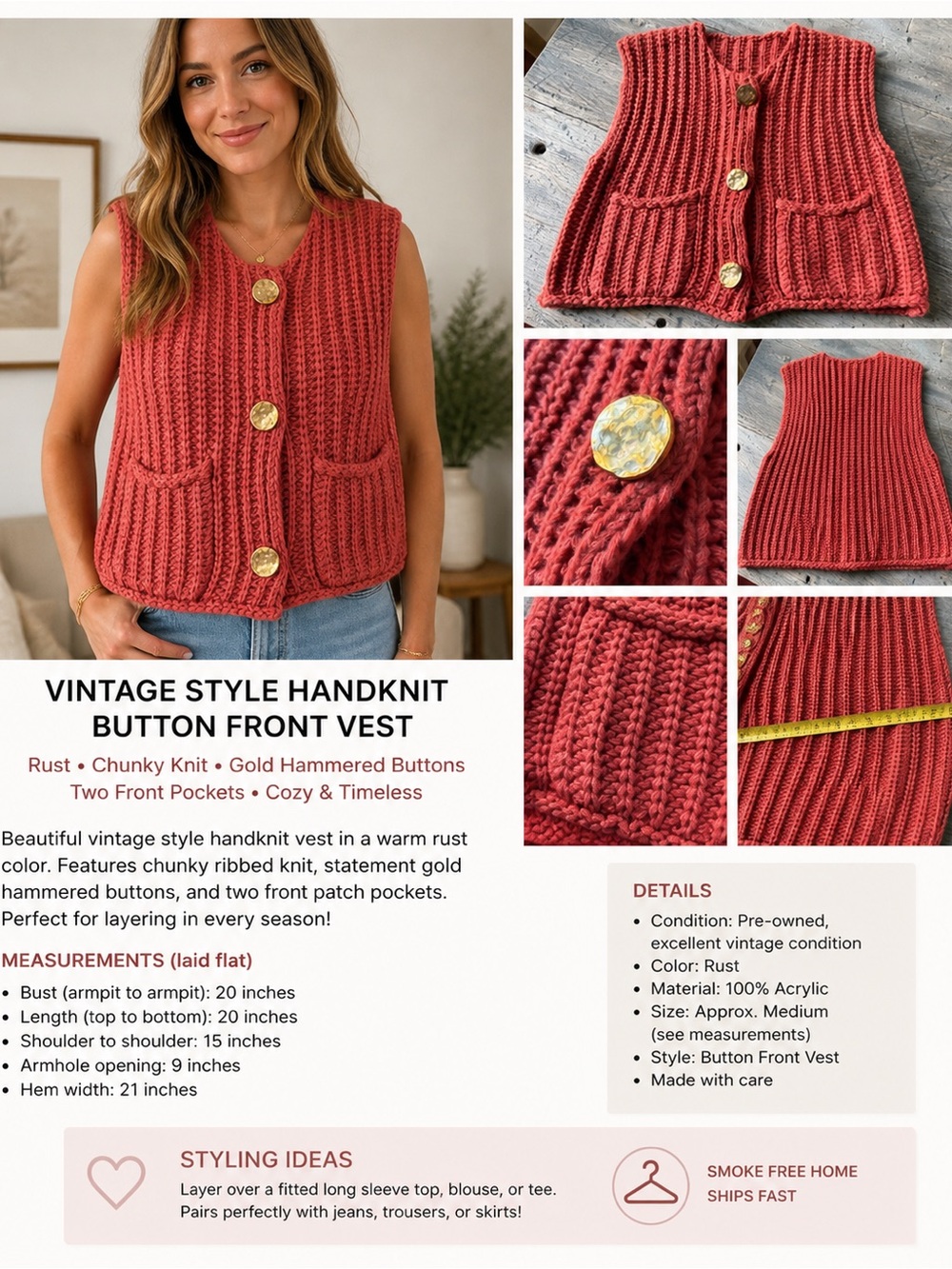 Handknit Button-Front Vest - Rust